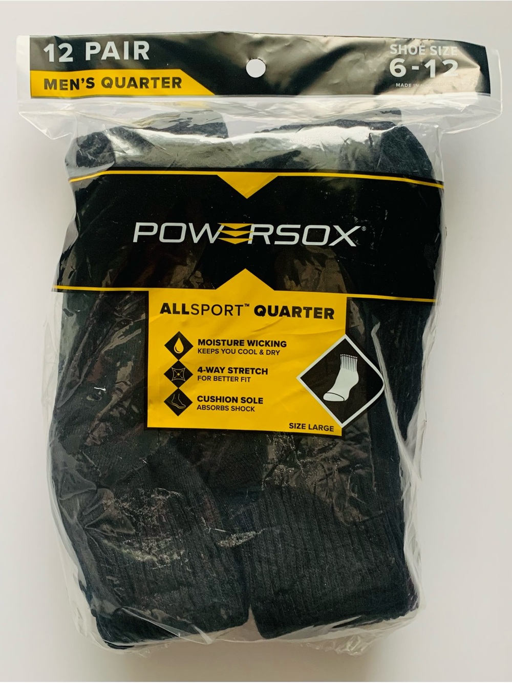 Powersox Allsport Moisture Wicking Men’s Quarter Socks Size: 6-12 Qty. 12